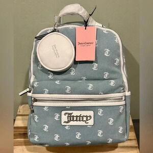 JUICY COUTURE QUEEN OF EVERYTHING BLUE DENIM LOGO BACKPACK + ACCESSORY POUCH.